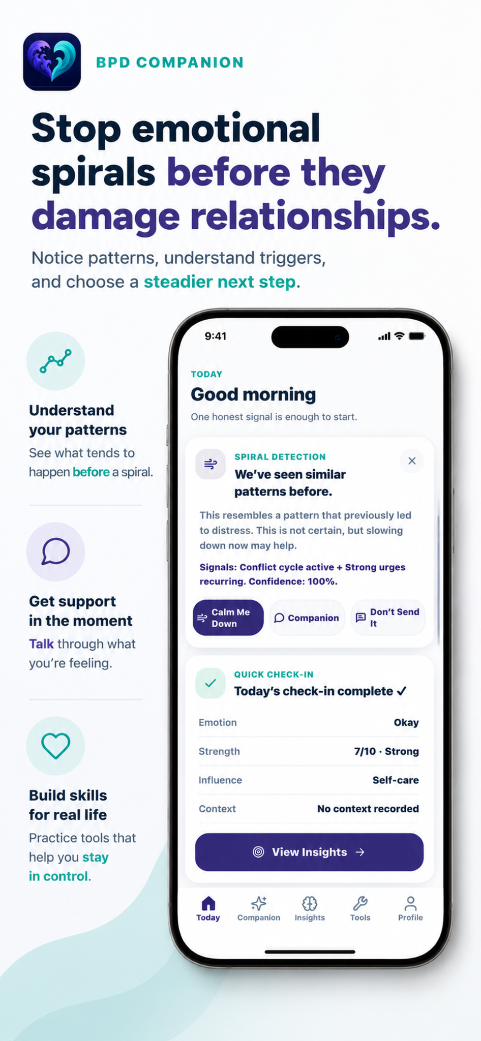 BPD Companion marketing screen showing emotional spiral support and app UI