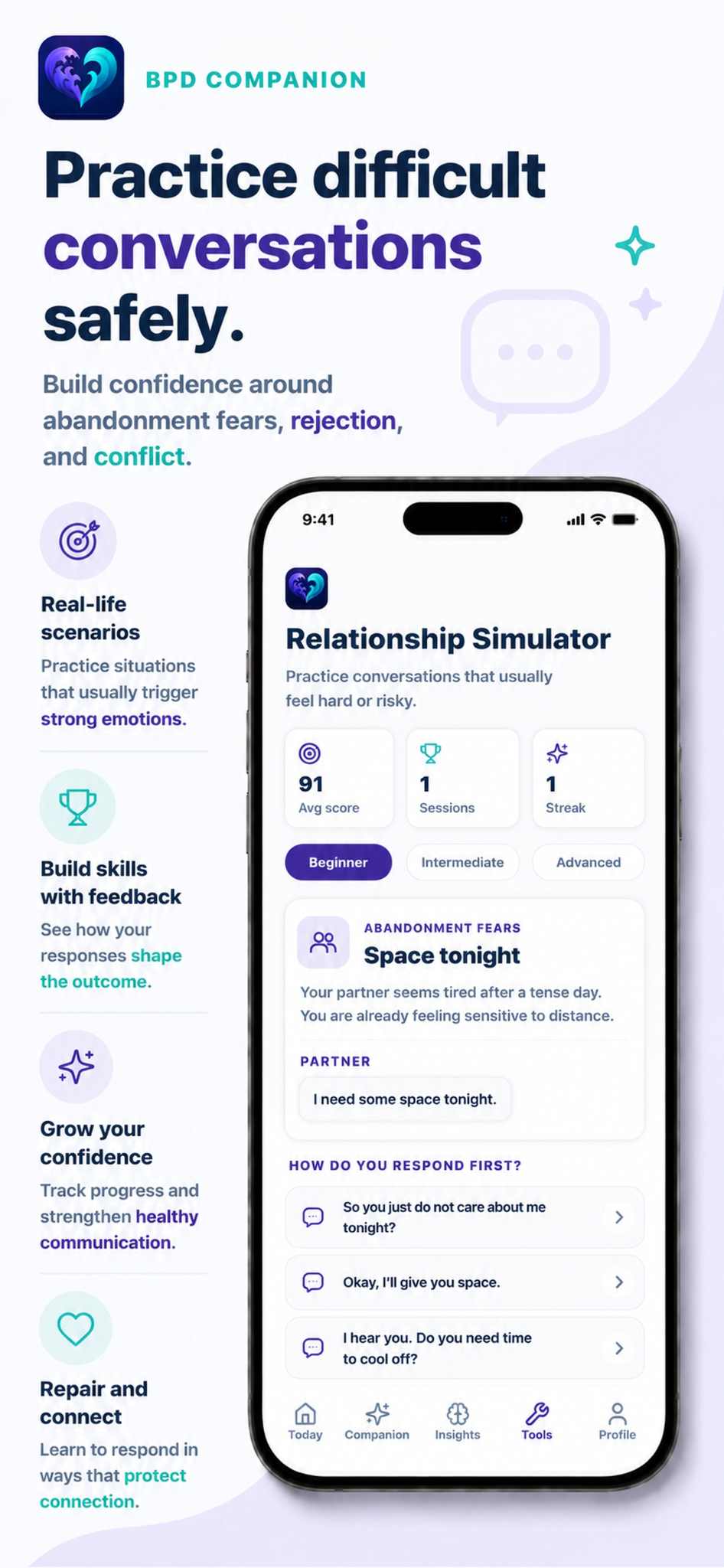 BPD Companion Relationship Simulator marketing screen